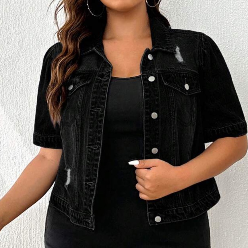 Plus Black Puff Sleeve Denim Distressed Jacket Shacket - Picture 3 of 4